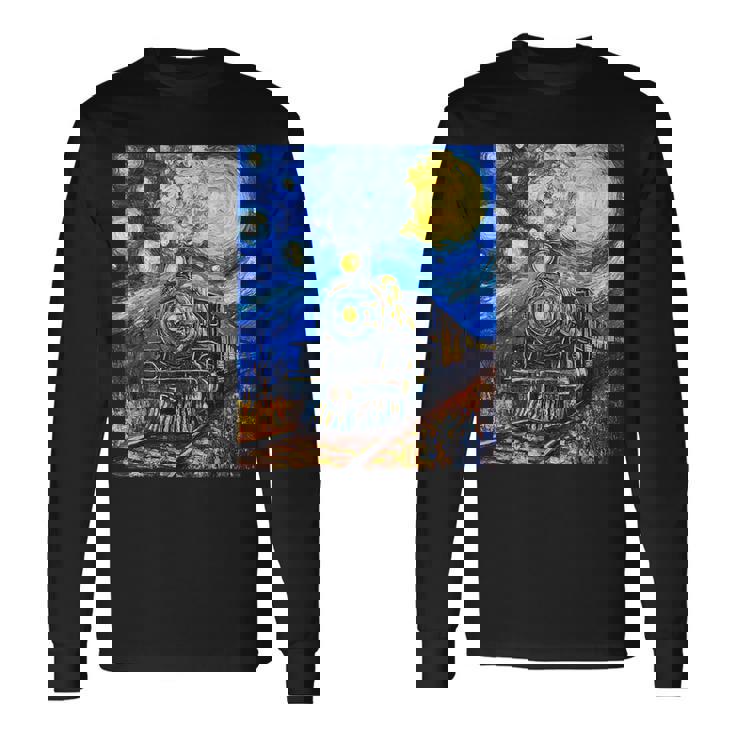 蒸気機関 蒸気機関車 ヴィンテージ ゴッホ 機関車 列車 長袖Tシャツ