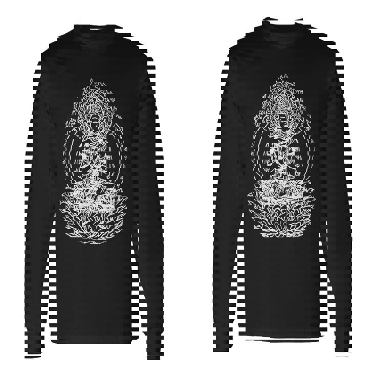 蓮の花の仏像 菩薩 仏教 宗教 長袖Tシャツ