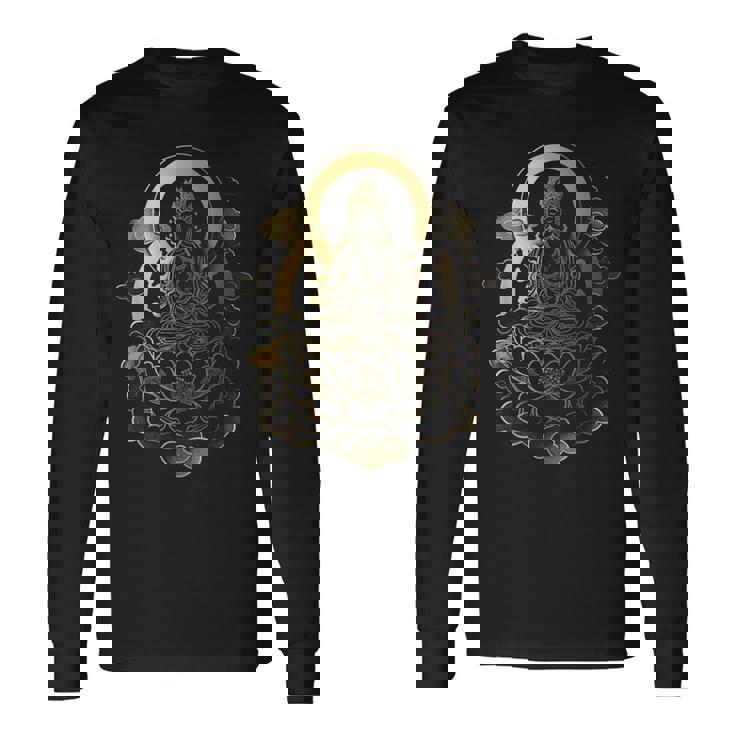 蓮の雲に座っている穏やかな仏陀 スピリチュアルマインドフルネス 長袖Tシャツ ギフトのアイデア