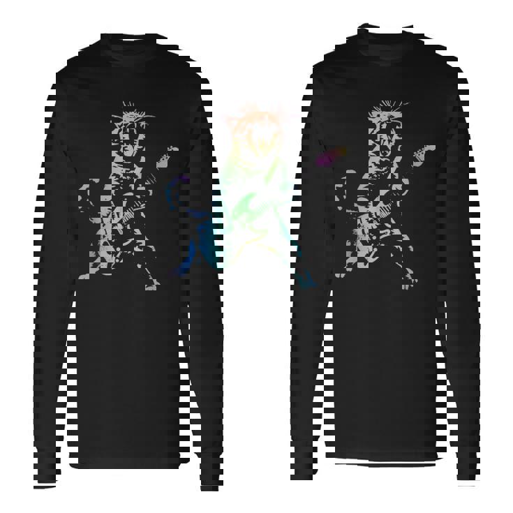 虹色グラデーションの猫のギターデザイン 長袖Tシャツ