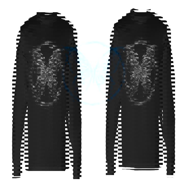 蝶 夜光 夜光 青 デザイン ユニセックス 自然 長袖Tシャツ