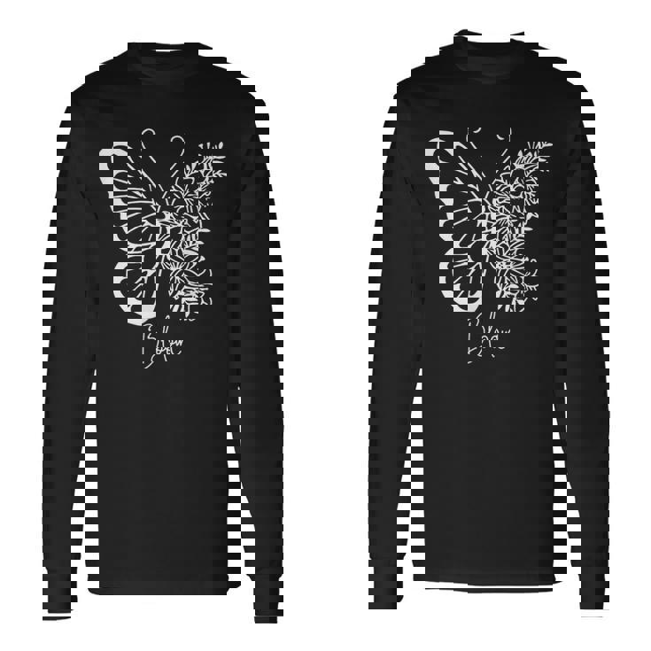 蝶と花、熱帯の花と蝶 長袖Tシャツ