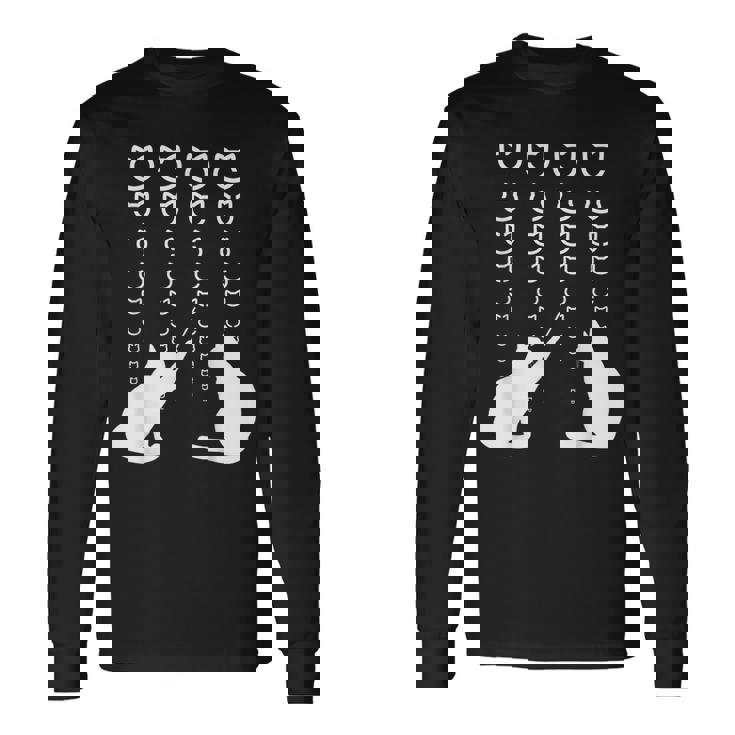 視力検査 猫の視力検査 おもしろ ネコ ねこ動物 シルエット モノトーン 白黒 黒猫 猫好き 猫の飼い主 長袖Tシャツ