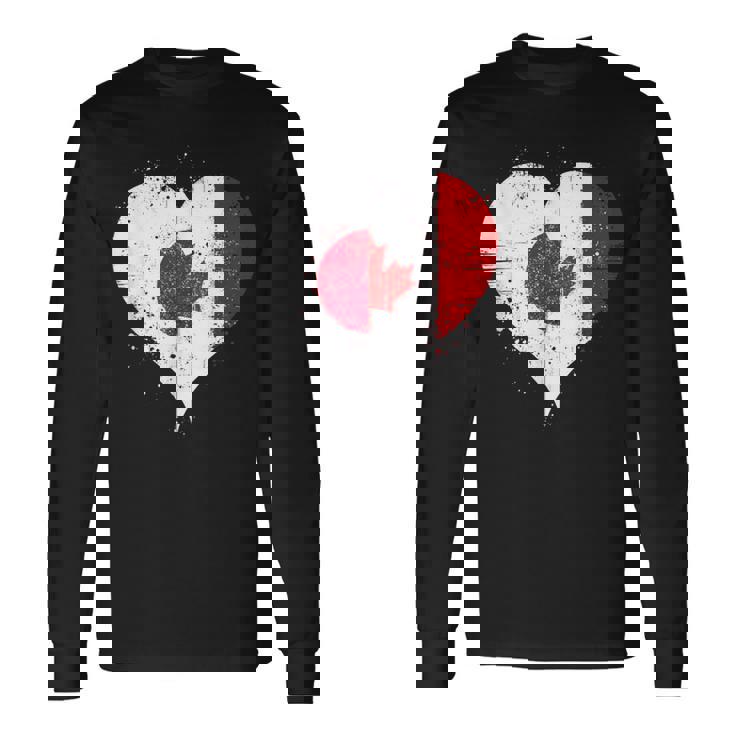 誇り高き日系カナダ人を想うビンテージスタイルのクールなカナダ国旗と日本国旗 長袖Tシャツ