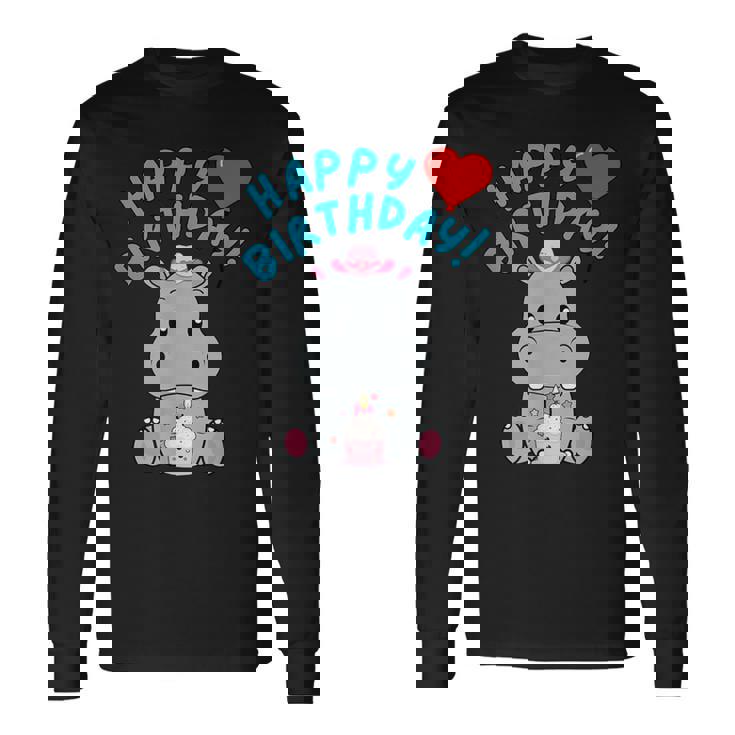 誕生日おめでとうギフト かわいいカバが彼女の誕生日を祝います 長袖Tシャツ