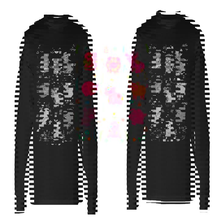 豚のかわいい刺しゅう 豚の恋人 長袖Tシャツ