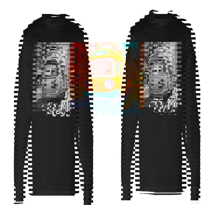 路面電車 Tram かわいい乗り物 おもちゃの乗り物 漫画風電車 鉄道ファン 鉄道旅行 鉄道模型ファン 鉄道風景 長袖Tシャツ