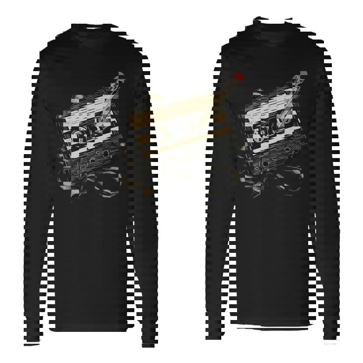 鉛筆巻き戻し付きレトロカセットテープ 長袖Tシャツ
