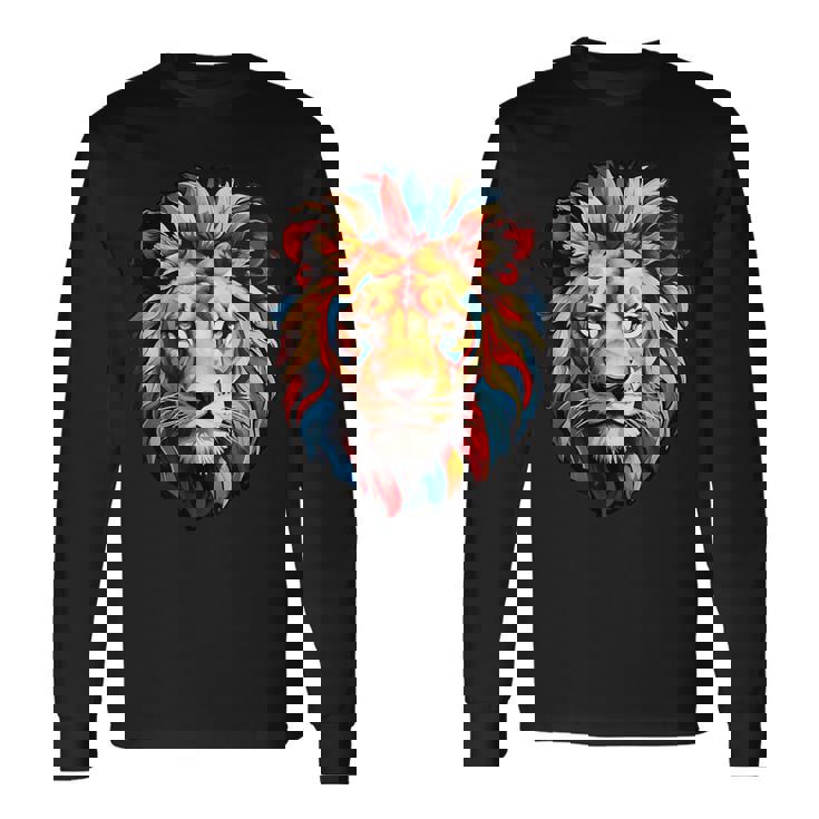 雄大なライオンヘッド 赤、黄、青の芸術的なたてがみ 長袖Tシャツ