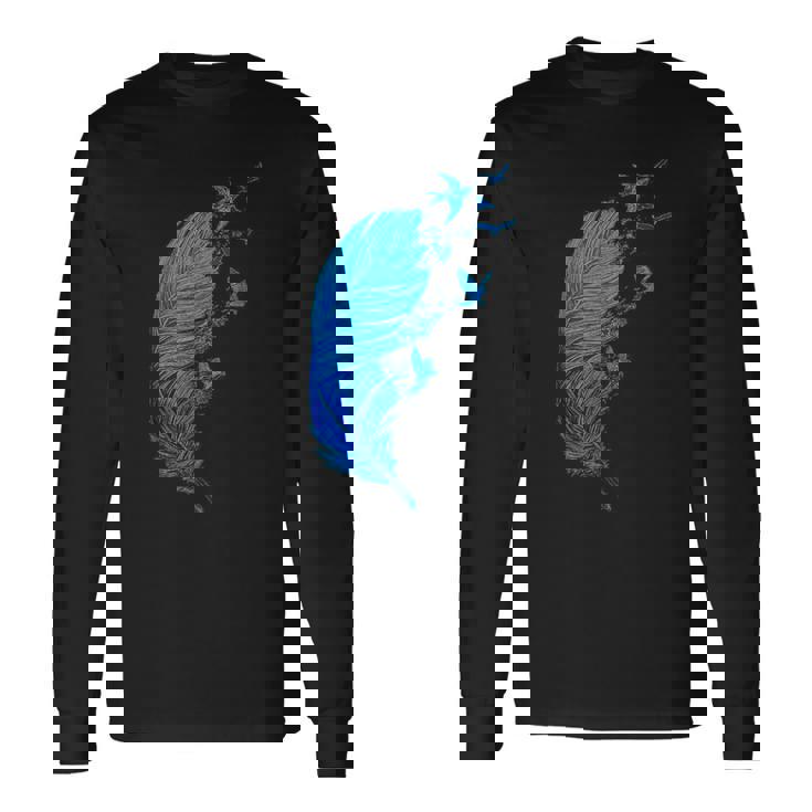 青い羽と鳥が飛んでいる青い羽 キュートでスタイリッシュ 長袖Tシャツ