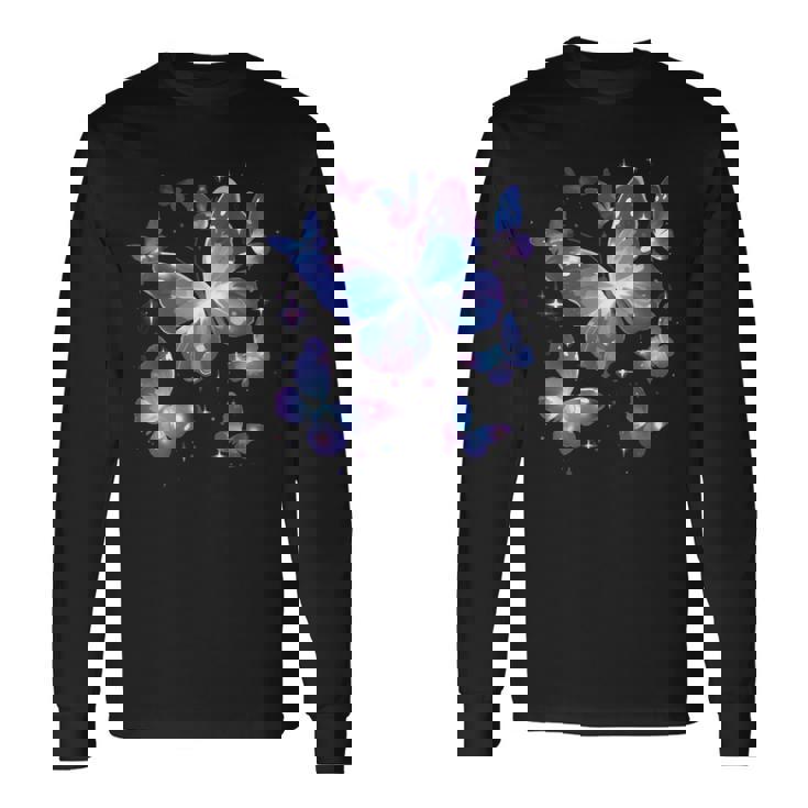 青と紫の模様の蝶たち 昆虫プリント 長袖Tシャツ