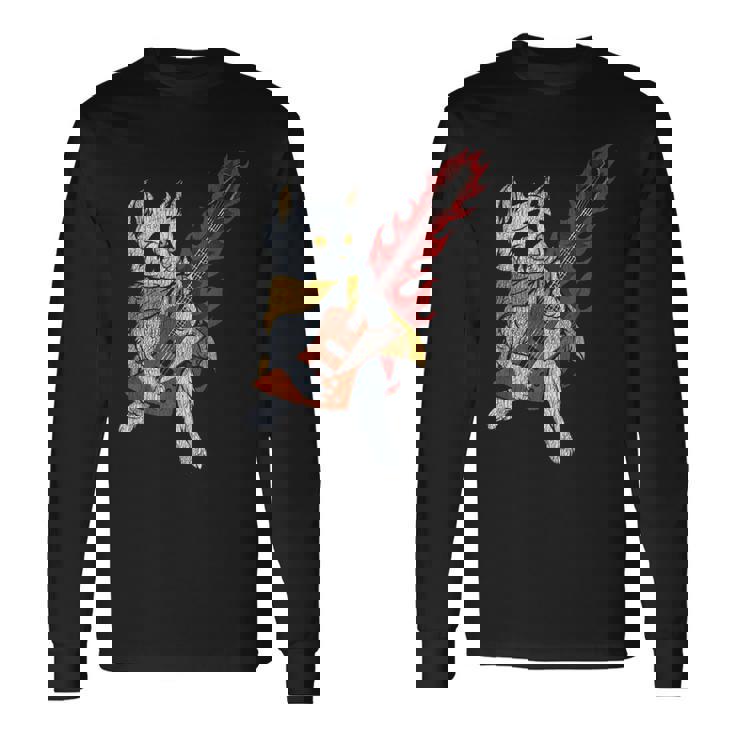 面白い ベースシスト 猫 ギフト ファイヤー 楽器 ベース ギター 長袖Tシャツ