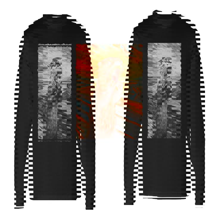 面白い レトロ ムンク 悲鳴 芸術的 絵画 パロディ カワウソ 恋人 長袖Tシャツ