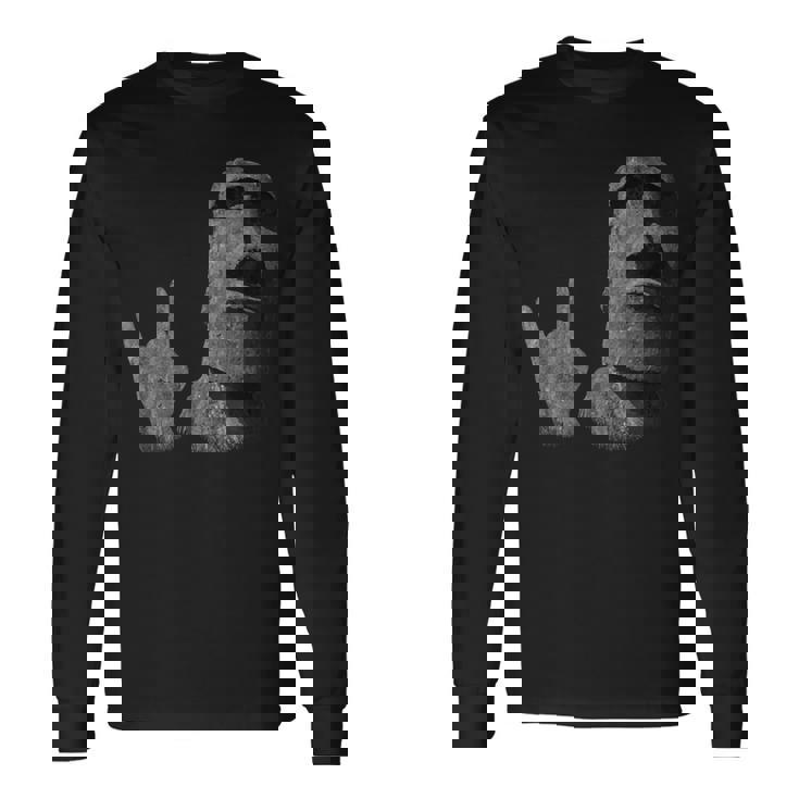 面白いイースター島のモアイ像のロッカーign Of The Horns 長袖Tシャツ