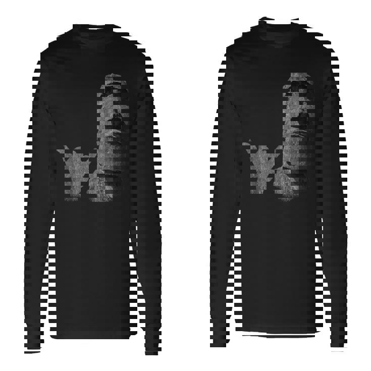 面白いイースター島のラパヌイのモアイ像 サーファーのシャカのサイン 長袖Tシャツ ギフトのアイデア