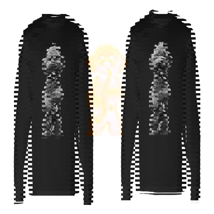 面白いオーケストラ サクソフォン ミュージシャン 落書き 犬 サックス 長袖Tシャツ