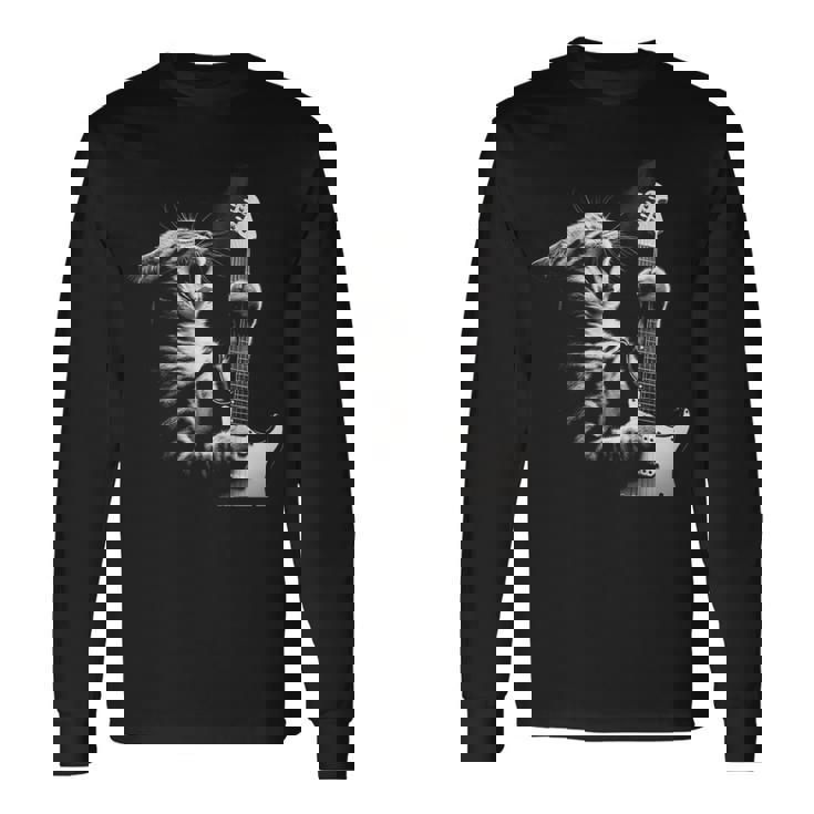面白いギター 猫 ギターを弾く 長袖Tシャツ