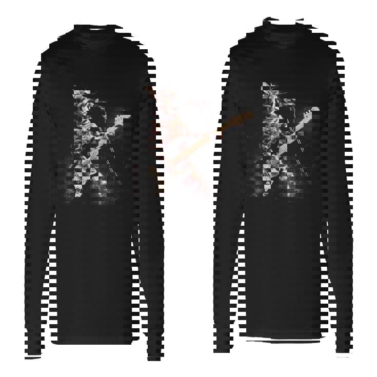 面白いギター猫 エレキギターで遊ぶ ロックスターキャット 長袖Tシャツ