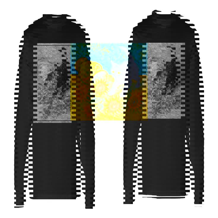 面白いゴッホのひまわり、猫のミーム、黒猫のアート。 長袖Tシャツ