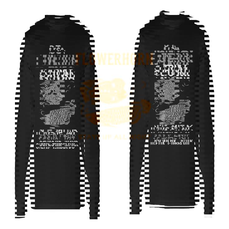 面白いフラワーホーンとアロワナのデザイン 魚族館 長袖Tシャツ