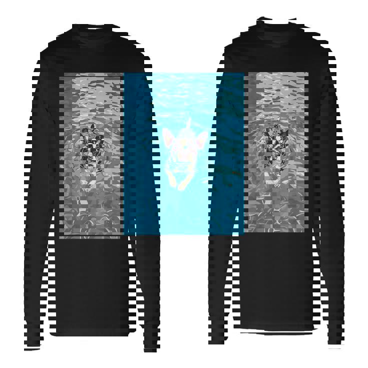 面白いボストンテリア プールで泳ぐ かわいい犬 ママ お父さん 長袖Tシャツ