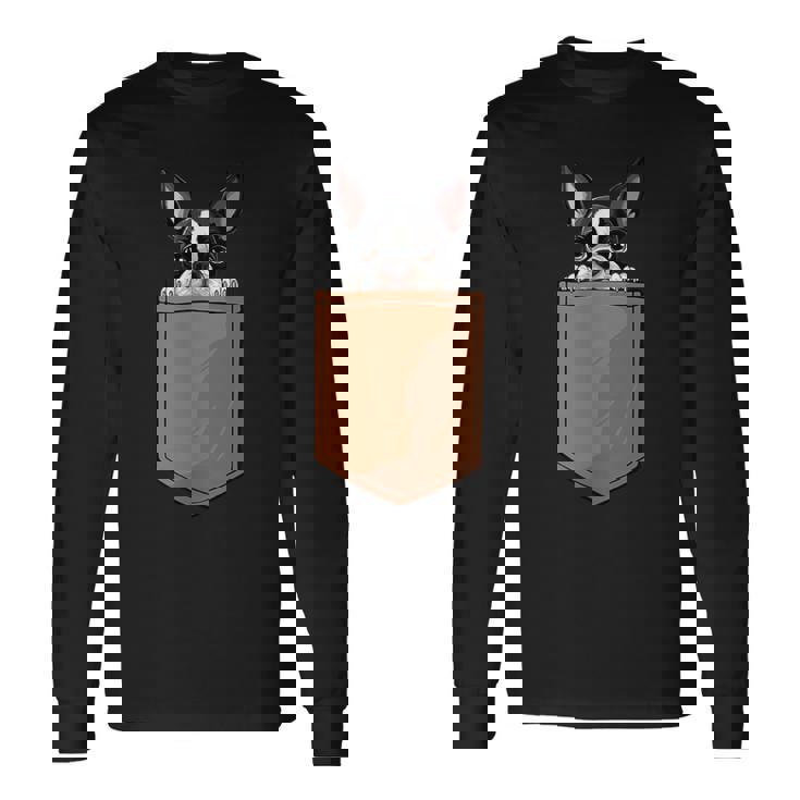 面白いボストンテリア 犬のポケットデザイン ボストンテリア愛好家 長袖Tシャツ