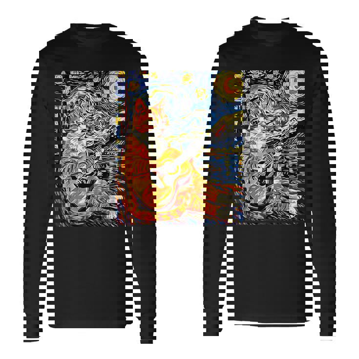 面白いレトロなデザインの猫がギターを弾く 星月夜 長袖Tシャツ ギフトのアイデア