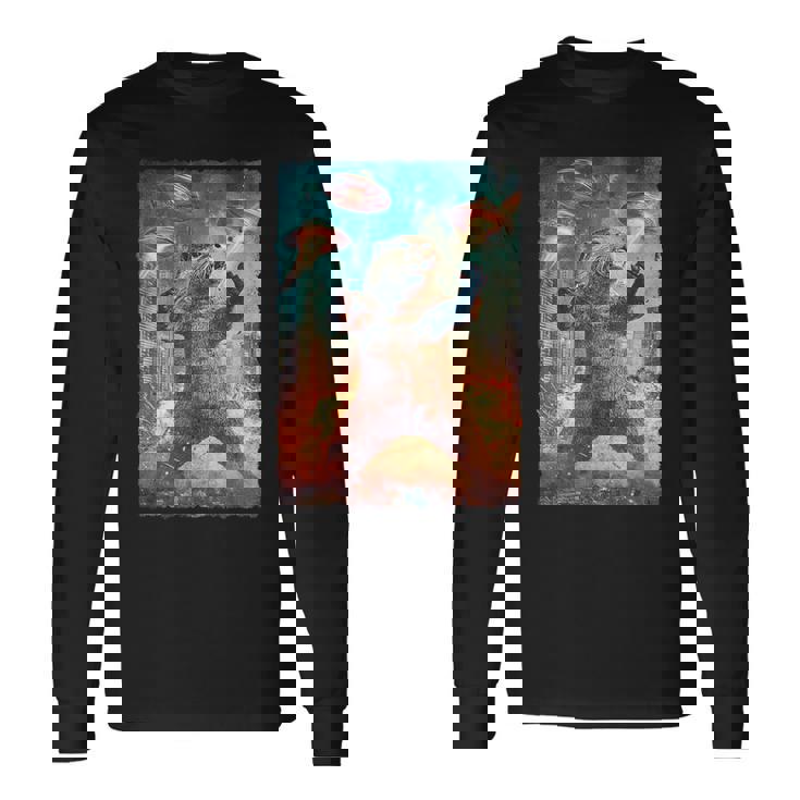 面白いレトロな日本の怪獣モンスターカワウソの自撮り写真東京ufo 長袖Tシャツ