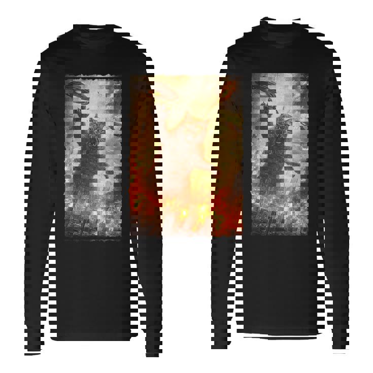 面白いレトロ日本の怪獣モンスター猫セルフィー東京ufo 長袖Tシャツ