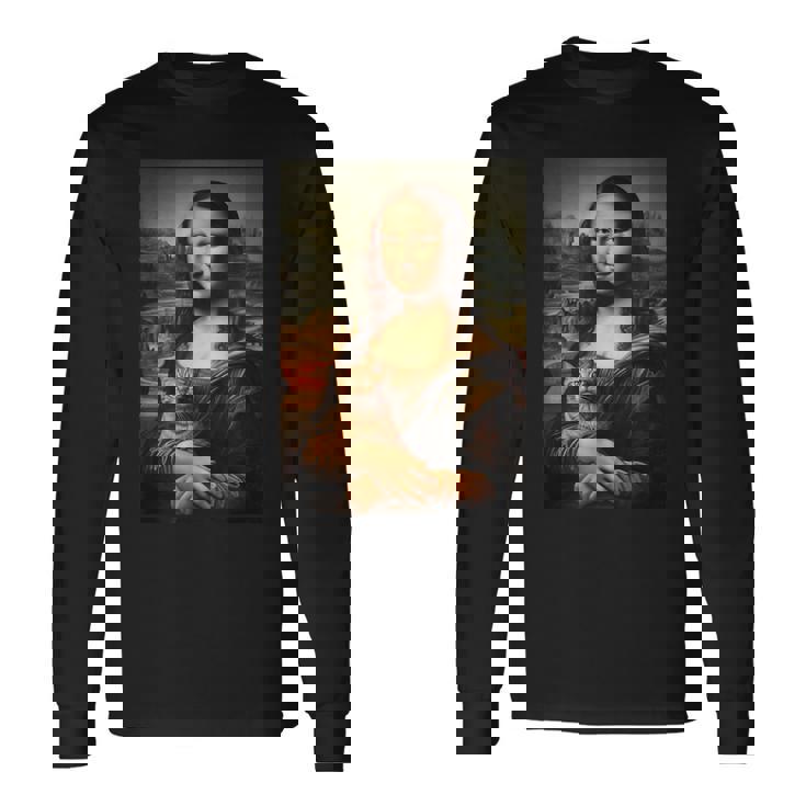 面白い猫 モナリザ 絵画 アート ママ お父さん 長袖Tシャツ