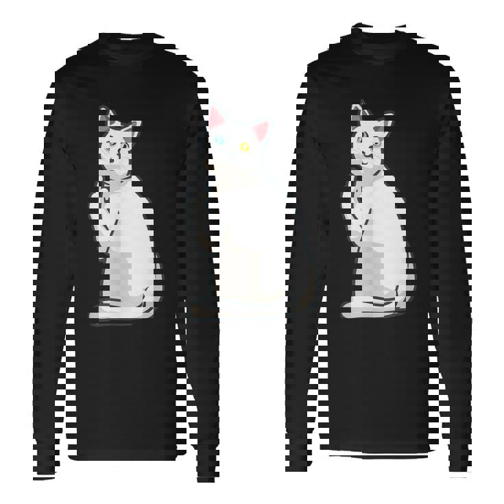 面白い猫 中指 オッドアイドキャット キティ 長袖Tシャツ