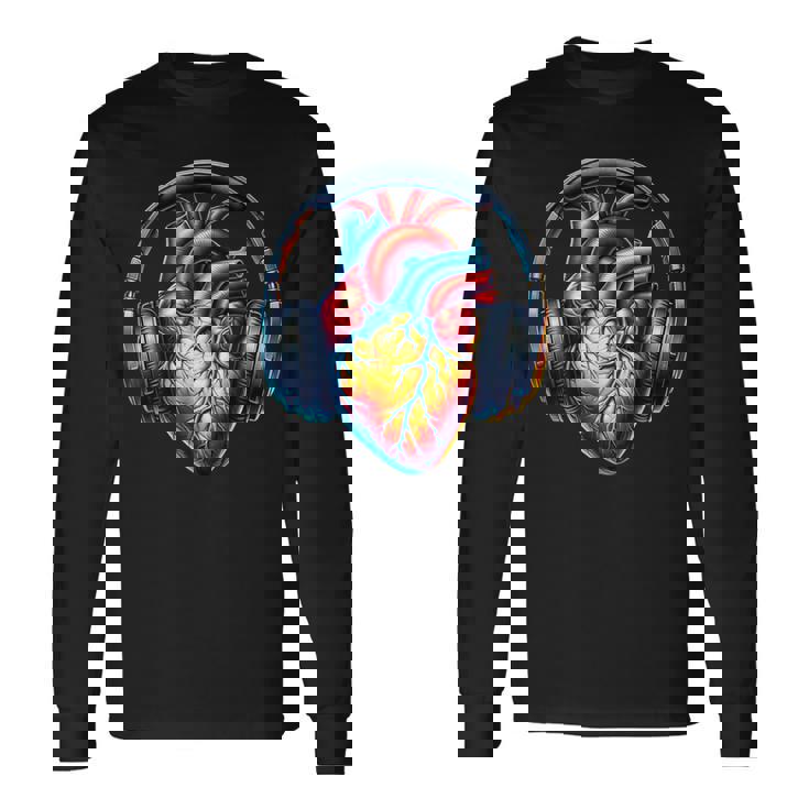 音楽解剖学的ハートとヘッドフォンdjミュージックグラフィック 長袖Tシャツ