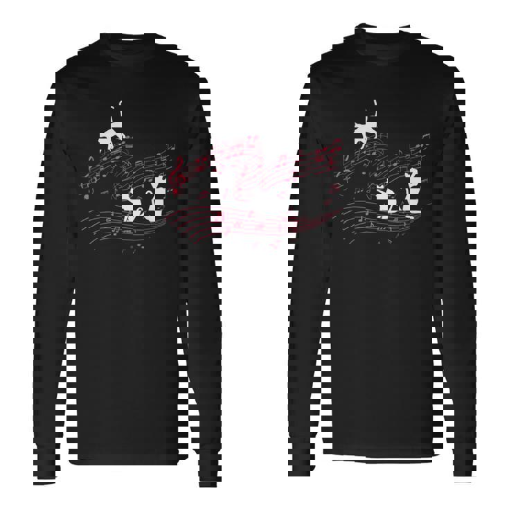 音符で遊ぶ3匹の猫 楽譜 長袖Tシャツ