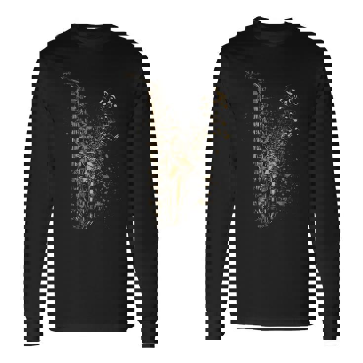 音符サックスプレーヤーとサックスヴィンテージスタイル 長袖Tシャツ