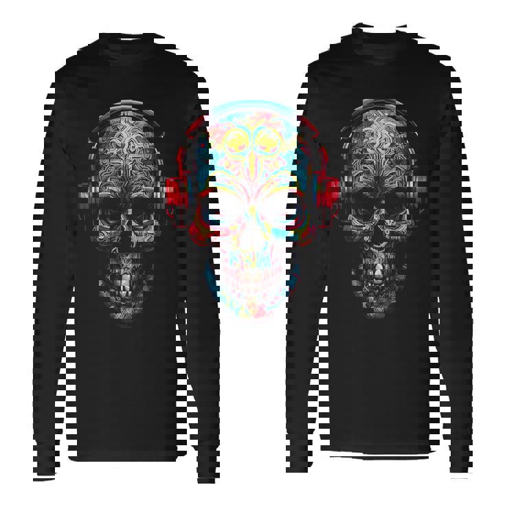 頭蓋骨アート曼荼羅ファンタジーカラフルなヘッドフォンモチーフの頭蓋骨 長袖Tシャツ