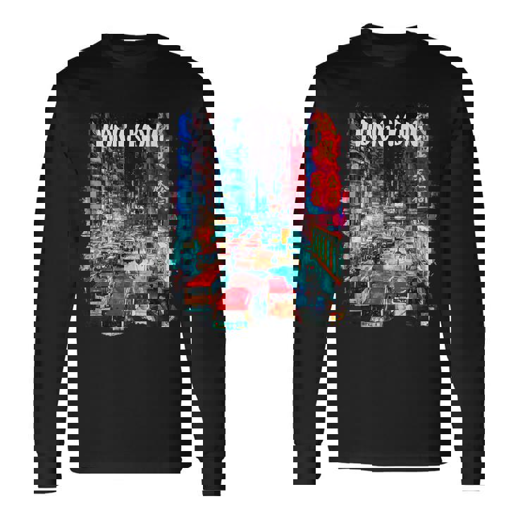 香港のお土産-夜の香港 長袖Tシャツ