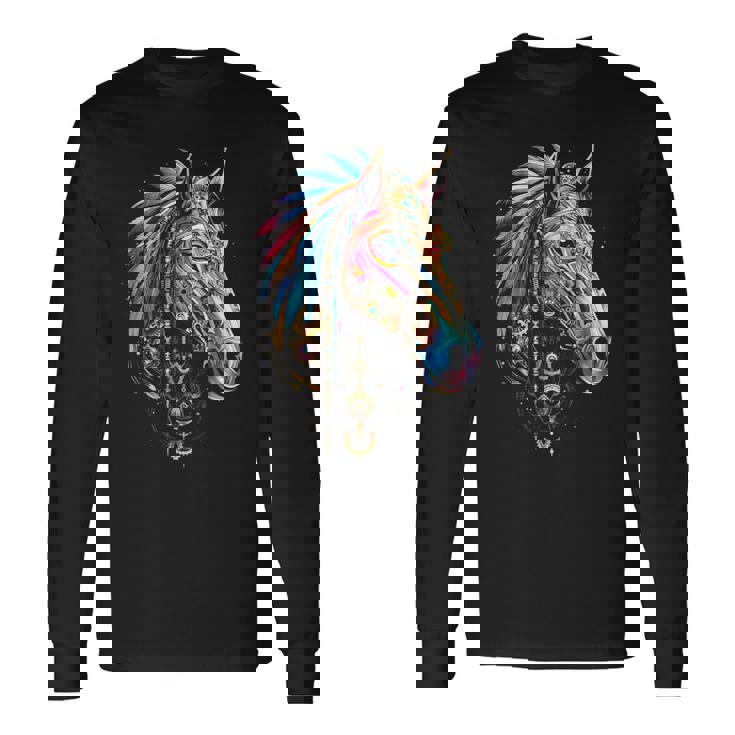 馬 動物 モチーフ イラスト 馬 長袖Tシャツ