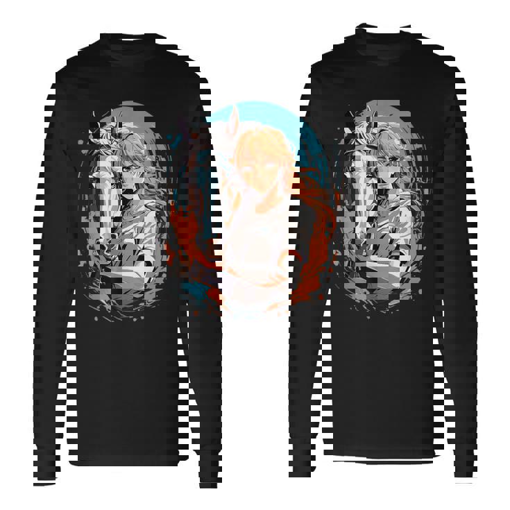 馬のファンのためのアニメガールの象徴的な乗馬デザイン。 長袖Tシャツ