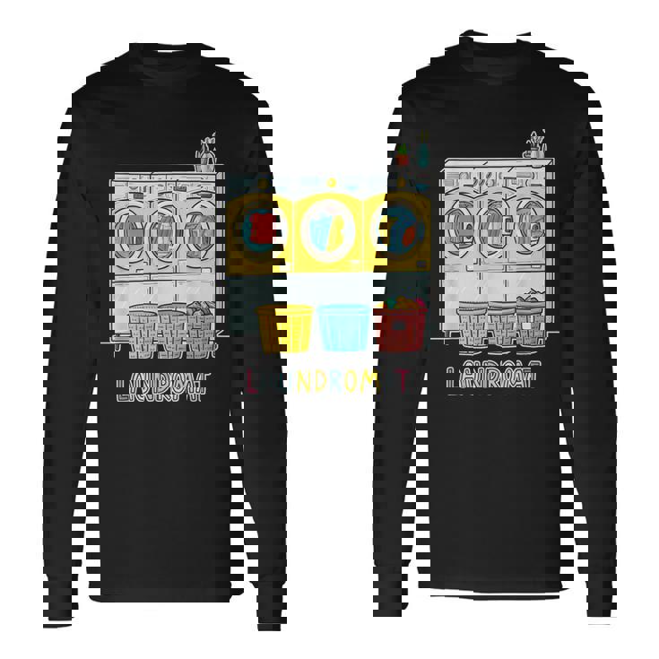 鮮やかでカラフルなコインランドリーテーマ カジュアル 長袖Tシャツ