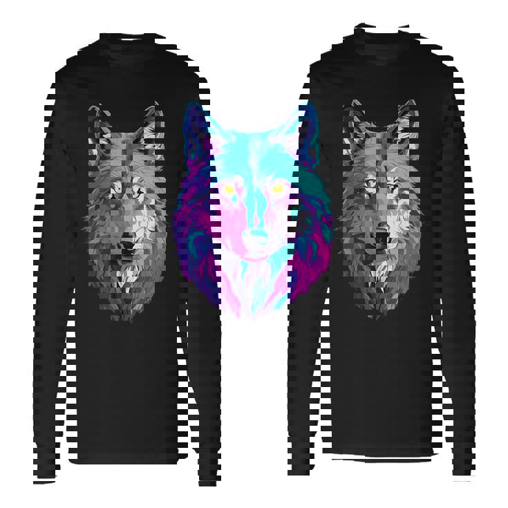 鮮やかなマルチカラーオオカミ 長袖Tシャツ