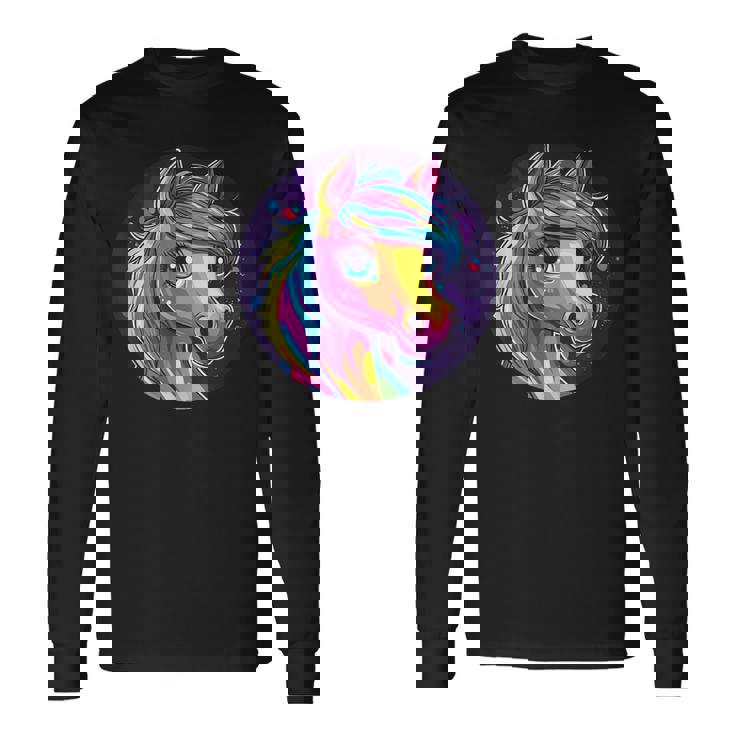 鮮やかな虹色の馬の魔法の夢 長袖Tシャツ