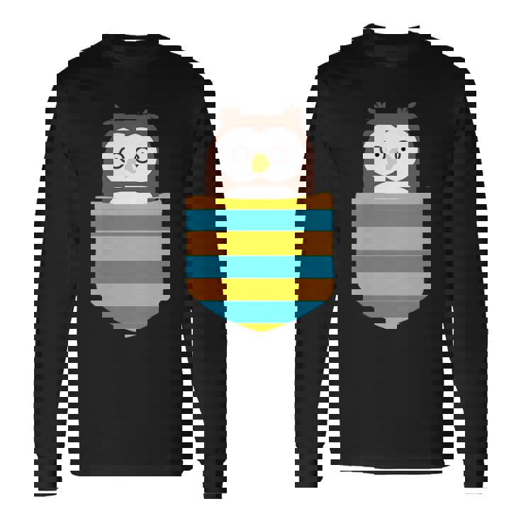 鳥好きのギフト フクロウのフクロウ 胸ポケット付き 長袖Tシャツ