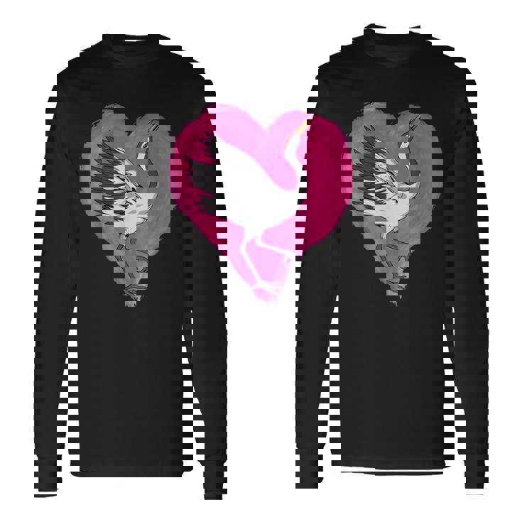 鶴 ハートデザインラブ 鶴 恋人 鶴 長袖Tシャツ