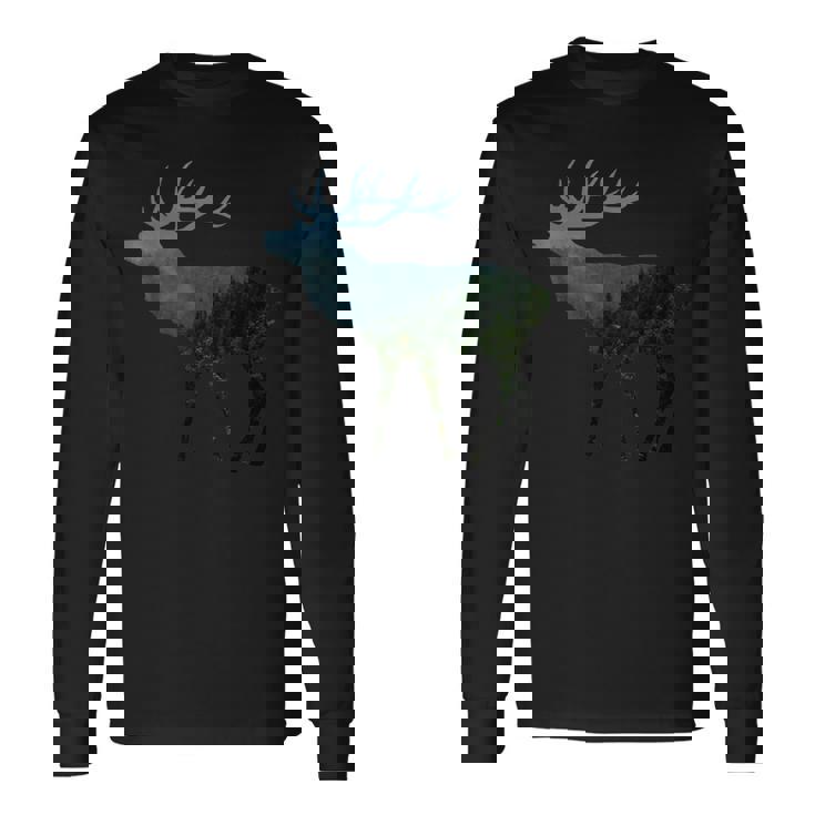 鹿と木 赤い鹿 ダム 鹿 森 木 雄鹿 長袖Tシャツ