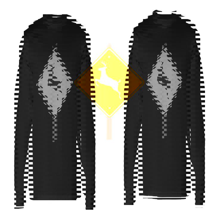 鹿を渡る道路標識コスチューム 長袖Tシャツ