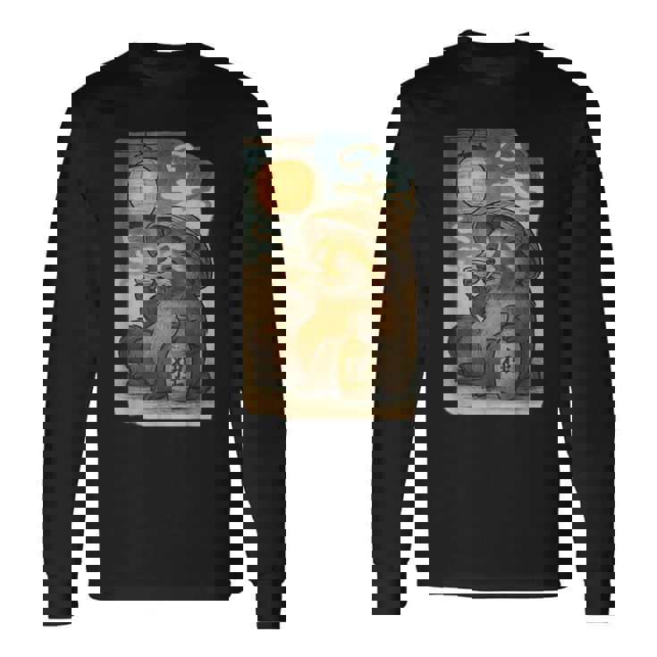 麦わら帽子をかぶったたぬき・酒・提灯・浮世絵風 長袖Tシャツ