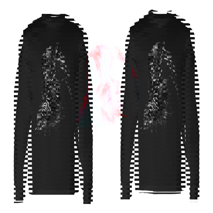 黒と赤のデザインの死神。 長袖Tシャツ