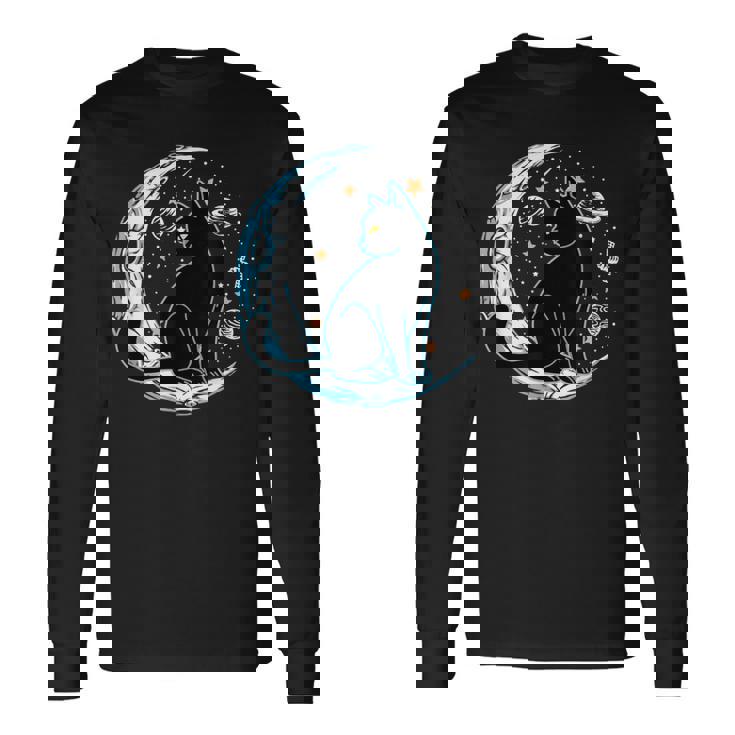 黒猫 三日月 セーラームーンフェイズ 占星術 ペット愛好家 長袖Tシャツ