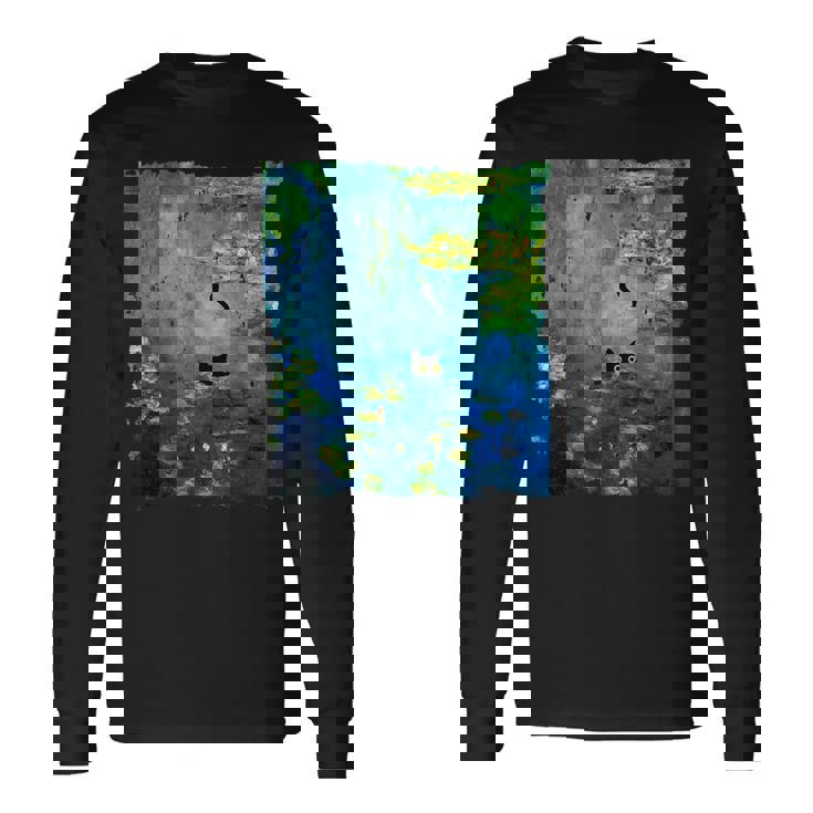 黒猫モネのスイレン絵画アート 猫好き 長袖Tシャツ