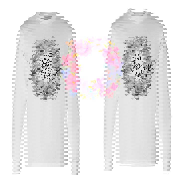 85年間愛されている 85歳の誕生日 花のリースと蝶 長袖Tシャツ